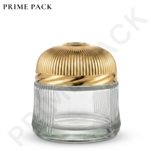 DESIGNER ROUND BAKHOOR JAR 120ML – RIBBED CLEAR GLASS WITH GOLD DOME LID